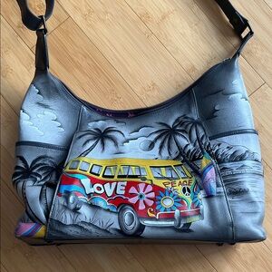 Anuschka Gray Handbag with Colorful Bus Design